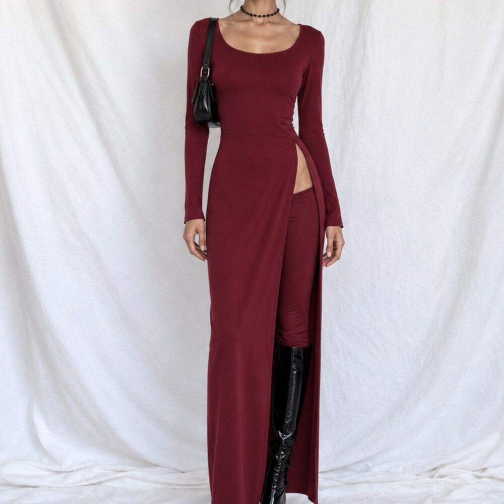 Red Long Sleeve Casual Knit Midi Bodycon Dress Skinny Legging Pants Set Size M
